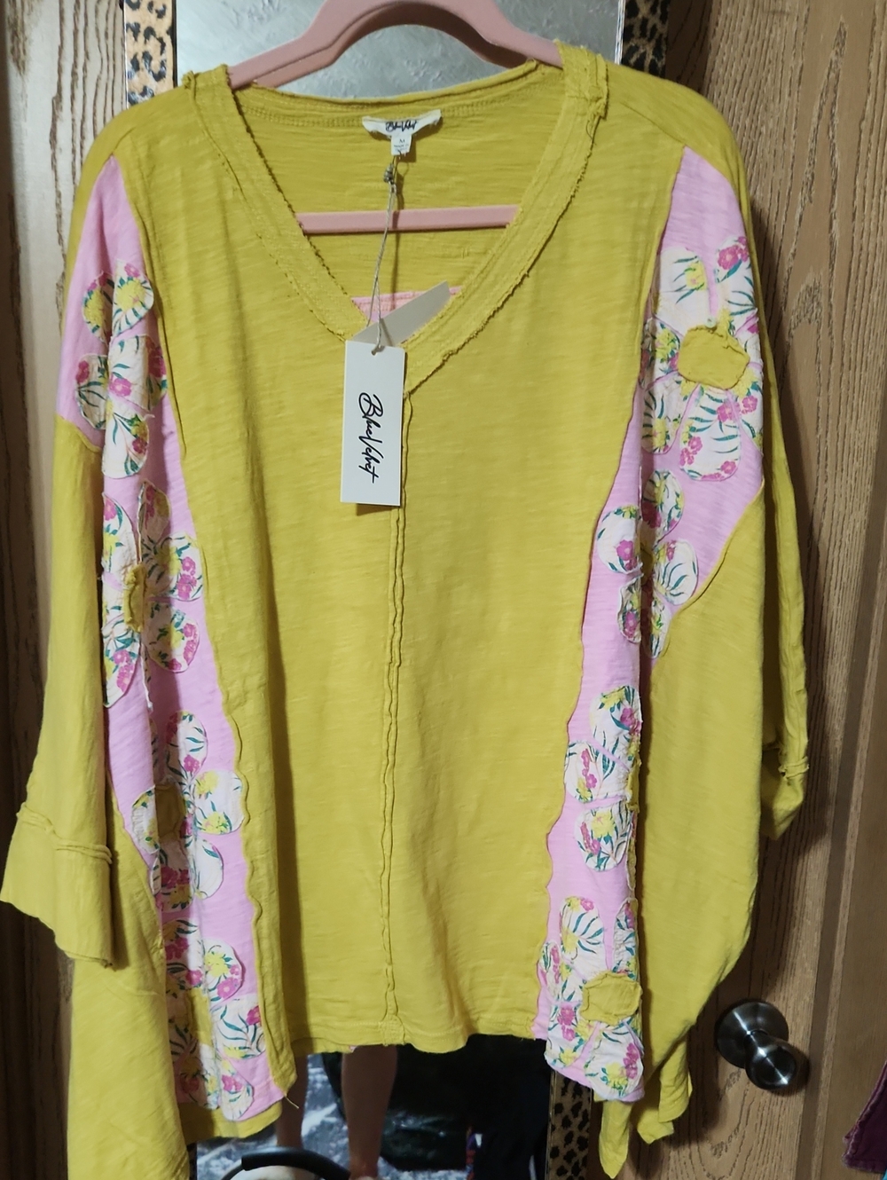 Blue Velvet Sunflower Yellow Floral-Panel V-Neck Top